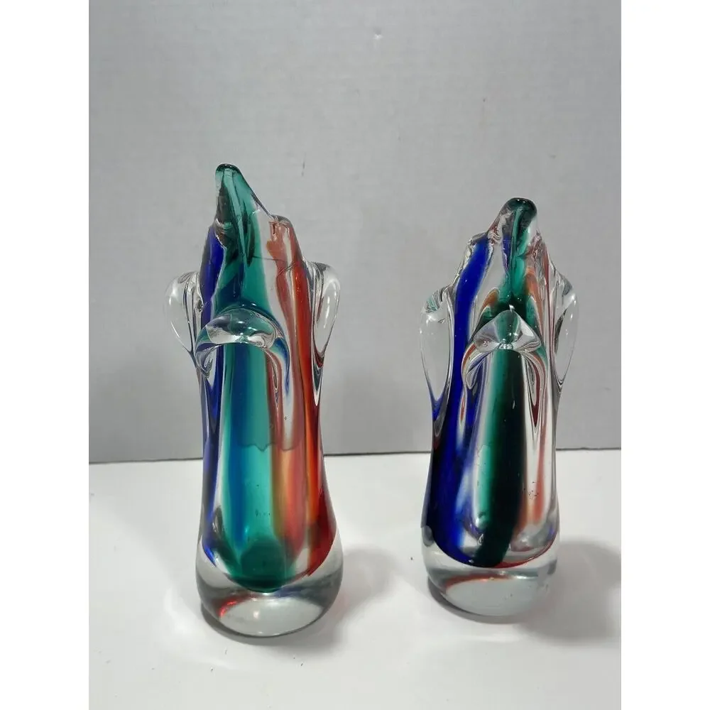 Gorgeous Pair 2 Vintage Art Glass‎ Murano Dolphin Shaped Sommerso Style Vase